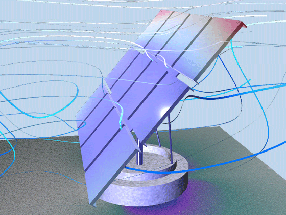 A close-up view of the fluid streamlines around, and deformation of, a solar panel.
